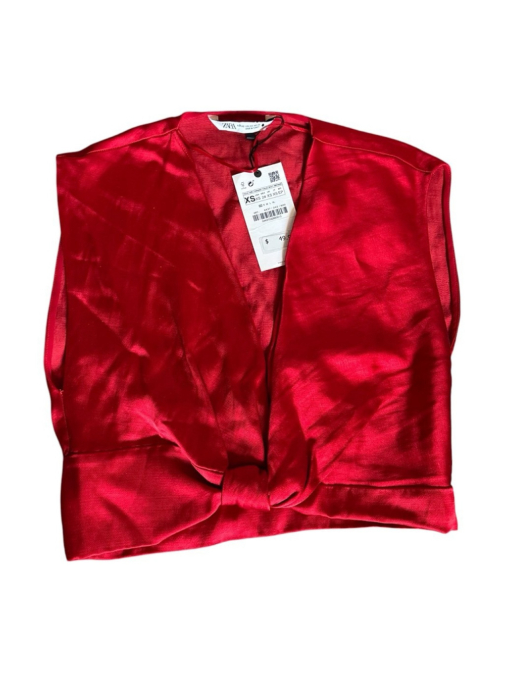 ZARA Red Satin Feel Crop Top Womens XS Twist Front Sleeveless Deep V Neck Bright